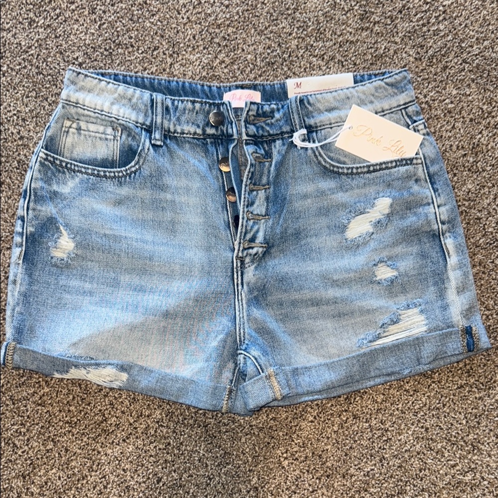 Pink Lily Blue Distressed Jean Shorts